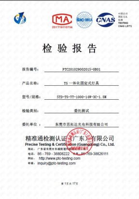 T5一體化燈管質量檢測報告